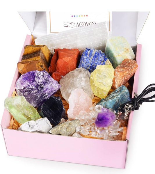 17Pcs Crystals and Healing Stones, 14Pcs Real Raw Chakra Stones Set, Selenite Charging Plate, Amethyst Necklace, Rose Quartz, Mothers Day Gifts, Gift Box, Guide for Beginners, Collection, Meditation, Yoga