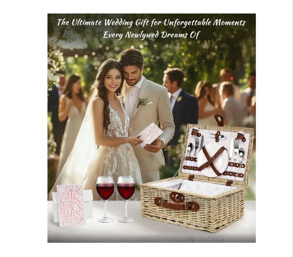 Picnic Basket for 2, Bridal Shower Gift Wedding Gifts with Mr Mrs Wine Glasses and Greeting Card, Engagement Newly Weeding Gifts for Couples 2025, Wicker Picnic Set Kit with Blanket Cooler for Beach