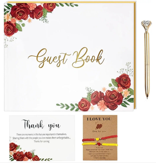 Wedding Guest Book, Guest Book Includes a Pen, Baby Shower Guest Book for Party a Thank You Card, Guest Book Wedding Reception Two Brazalet, Wedding Scrapbook Design of Red Roses