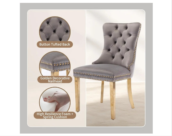 Dining Table Set for 6, White Imitation Marble Glass Desktop with Golden-Plated Base, 71'' Kitchen Table and Upholstered Dining Chairs (1 Table with 6 Blue Velvet Dining Chairs)