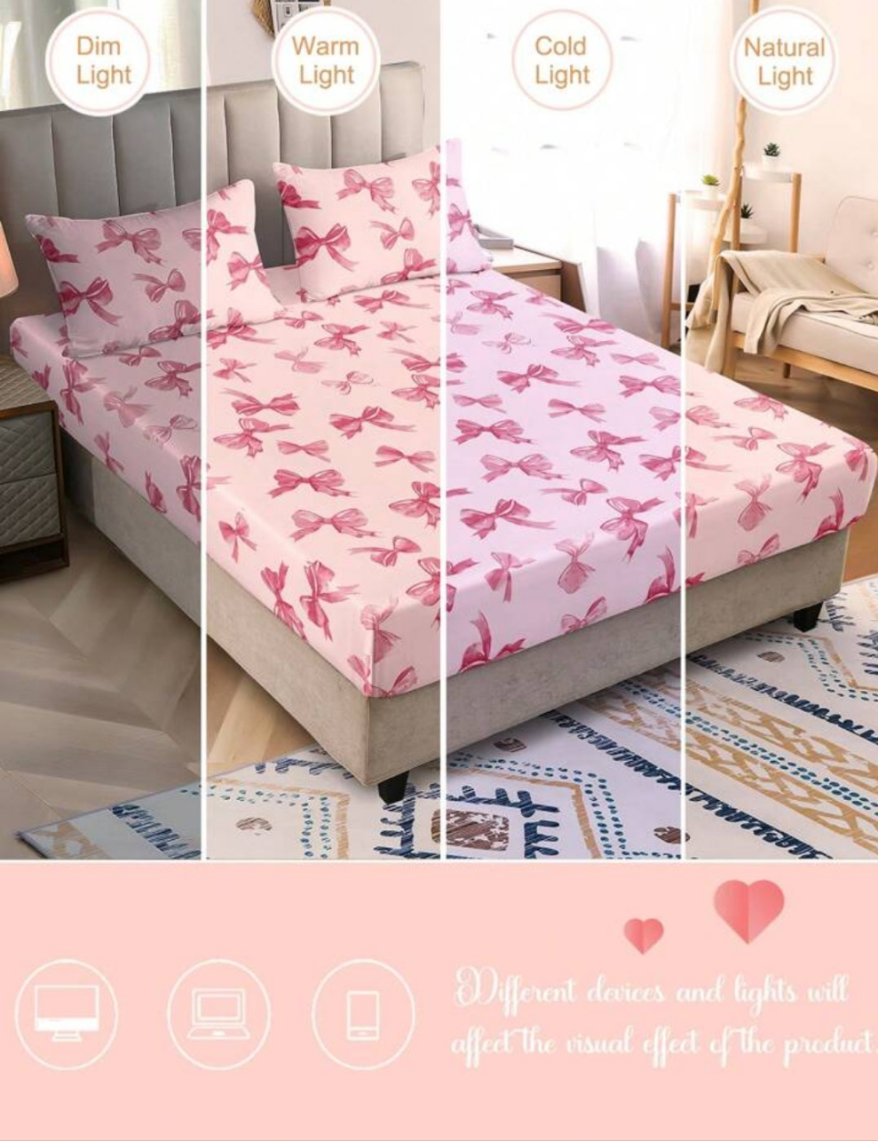 3pcs Watercolor Pink Bow Girly Cute Digital Print Bedding Set (1 Bedsheet + 2 Pillowcases, No Comforter), Daily Use Polyester Fiber Soft & Skin-Friendly, Suitable For Master/Guest/Kids Bedroom, All Seasons