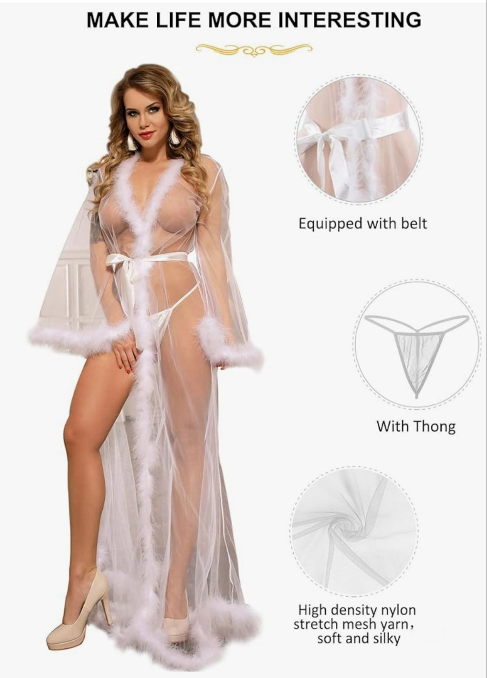 Feather Bridal Robe for Wedding Plus Size Lingerie Robe with Fur Nightgown Bathrobe Tulle Cocomoney