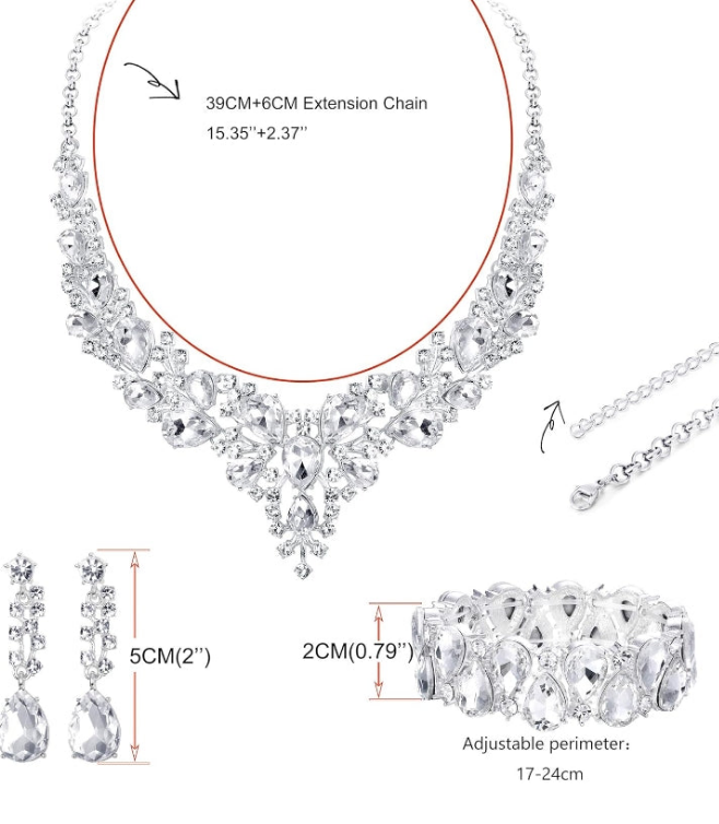 Crystal Bridal Jewelry Sets for Women Necklace Earrings Bracelet Set for Wedding Rhinestone Bridesmaid Choices fit with Wedding Dress