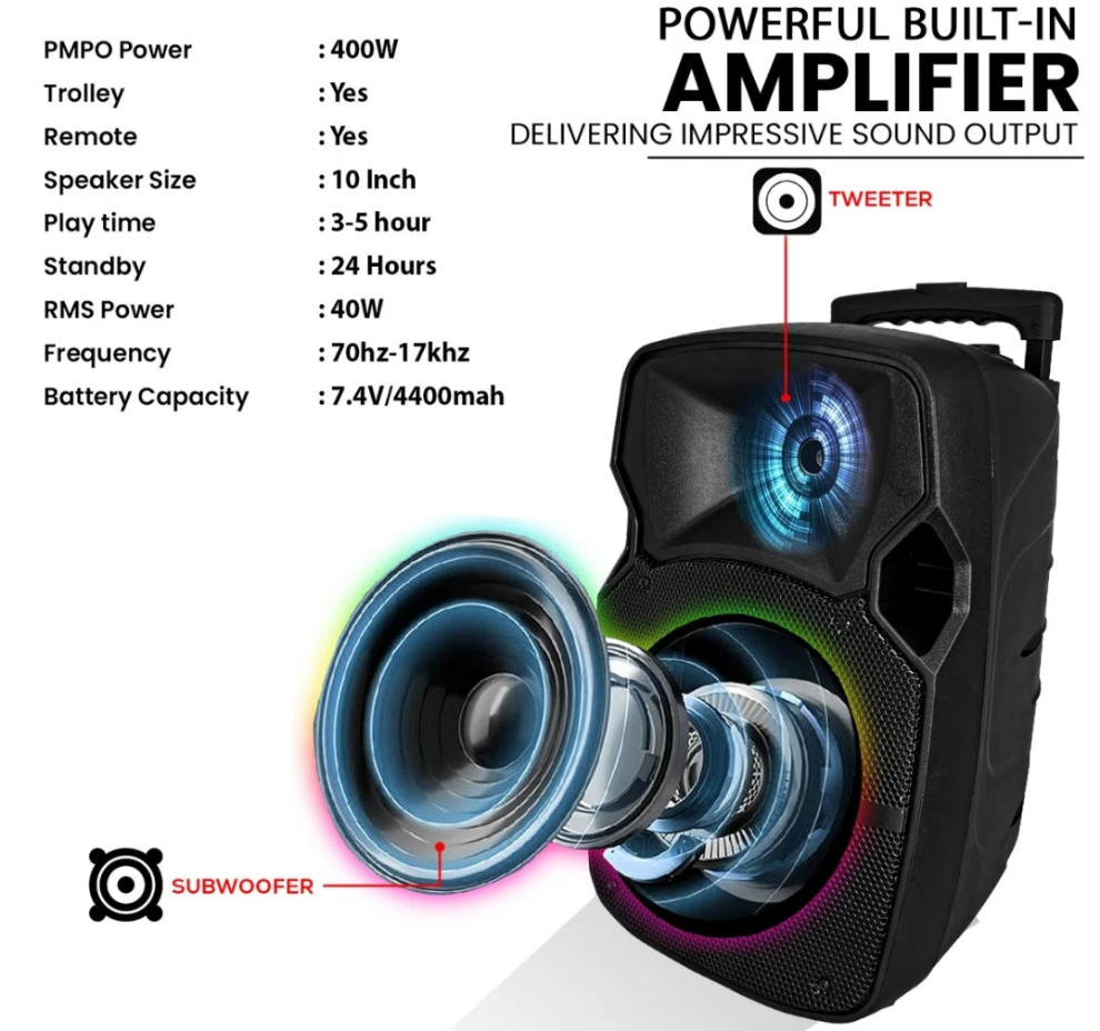 Party Speaker Bluetooth 400W Big Powered Rechargeable Outdoor PA DJ System w 2 Wireless Mics