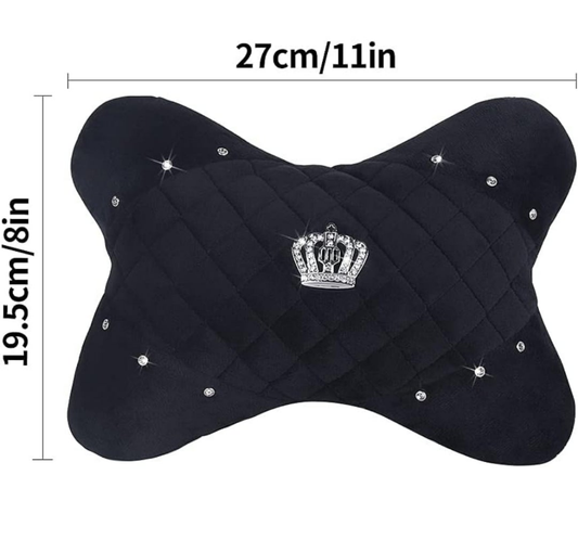2PCS Car Neck Pillow with Bling Rhinestones Crown Universal Bone-Shaped Vehicle Headrest Cushion for Women Girls,Black