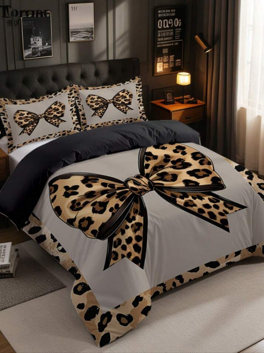 3pcs Leopard Bow Print Duvet Cover Set (1*Duvet Cover + 2*Pillowcase, Without Core), Features A Sexy And Attractive Leopard Print Design ,Soft & Skin-Friendly, Soothing Visual Fatigue,Suitable For All Seasons, Zipper Closure, Suitable For Hotel, Bedroom,
