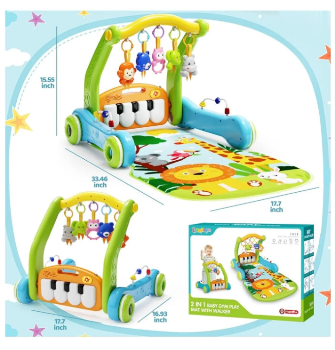 Baby Gym Play Mat with Walker, 2 IN 1 Kick and Play Piano Activity Center with Light & Music, Tummy Time Mat & Baby Push Toys for 0-6 12-18 Months, Sit-to-Stand Learning Walker for Infant Toddler Gift