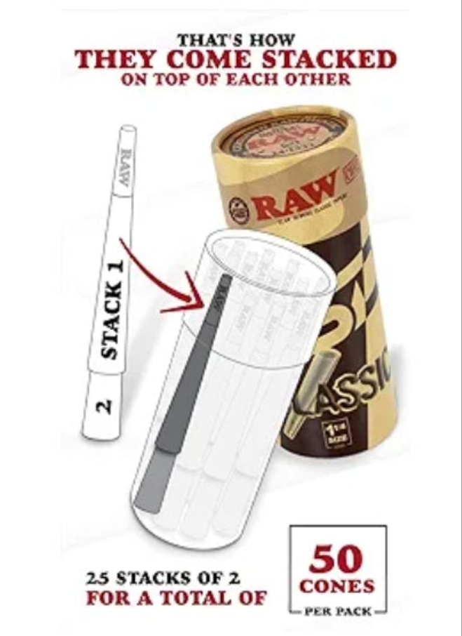 RAW Cones Classic 1-1/4 Size | 50 Pack | Natural Pre Rolled Rolling Paper with Tips & Packing Tubes Included