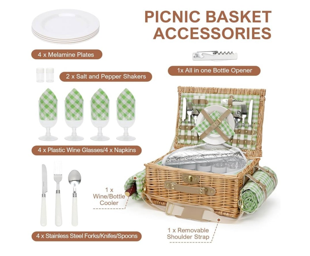 Picnic Basket for 2, Bridal Shower Gift Wedding Gifts with Mr Mrs Wine Glasses and Greeting Card, Engagement Newly Weeding Gifts for Couples 2025, Wicker Picnic Set Kit with Blanket Cooler for Beach