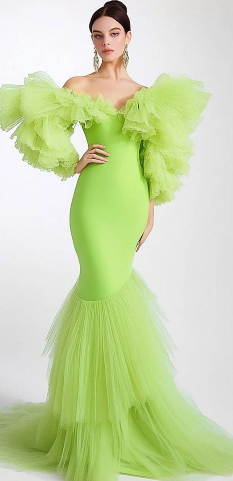 Off Shoulder Mesh Ruffle Sleeve Tiered Maxi Dress-Green [Custom-Made] COCOMONEY