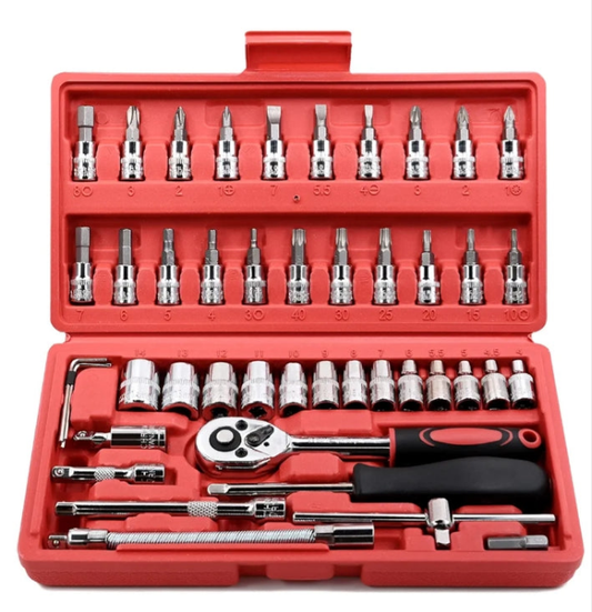 Egofine 46 Pieces 1/4 inch Drive Socket Ratchet Wrench Set, with Bit Socket Set Metric and Extension Bar for Auto Repairing and Household, with Storage Case