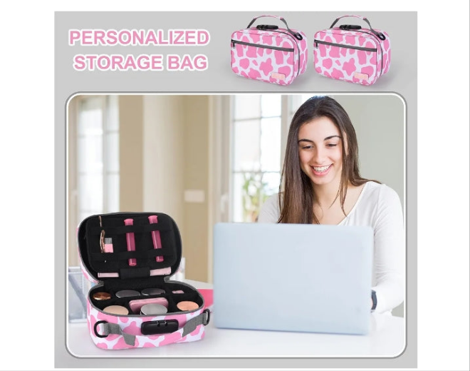 Large Storage Bag with 11 Small Items, Portable Storage Case with Combination Lock For Home and Travel(Cute Cow Print)Pink and white