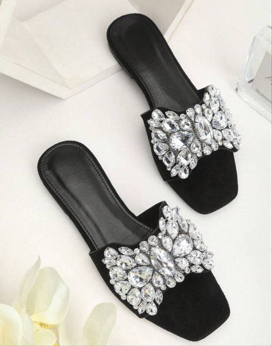 Fashionable & Elegant Rhinestone-Decor Square Toe Flat Sandals For Women