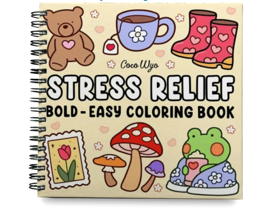 stress relief coloring book for adults and kids bold and easy simple and big designs for relaxation featuring animals landscape flowers patterns cute things and many more