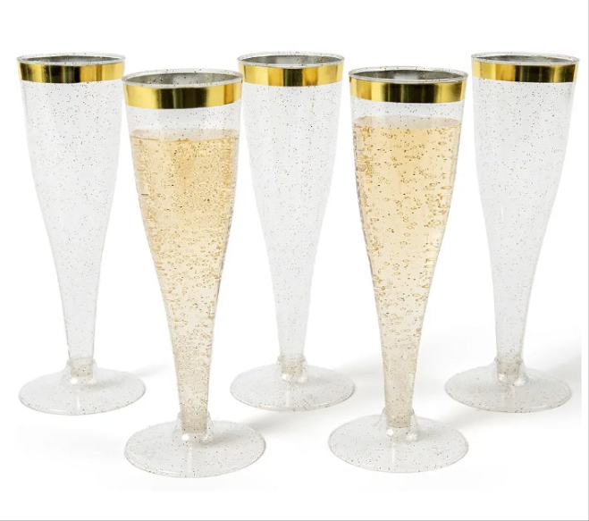 24 Plastic Champagne Flutes Disposable - Silver Glitter Plastic Champagne Glasses, Elegant Plastic Toasting Cups for Weddings, Cocktail Parties, New Year's Celebrations