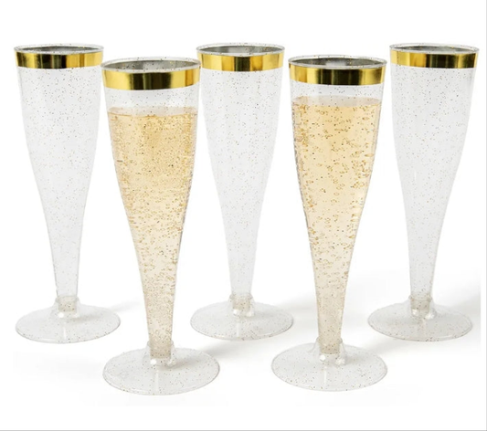 24 Plastic Champagne Flutes Disposable - Silver Glitter Plastic Champagne Glasses, Elegant Plastic Toasting Cups for Weddings, Cocktail Parties, New Year's Celebrations