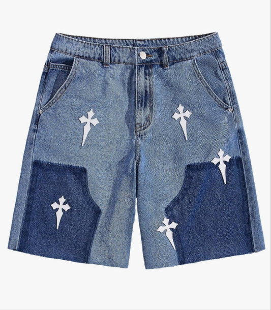 Men's Cross Pattern Patch Raw Hem Jean Shorts Color Block Cut Off Denim Shorts