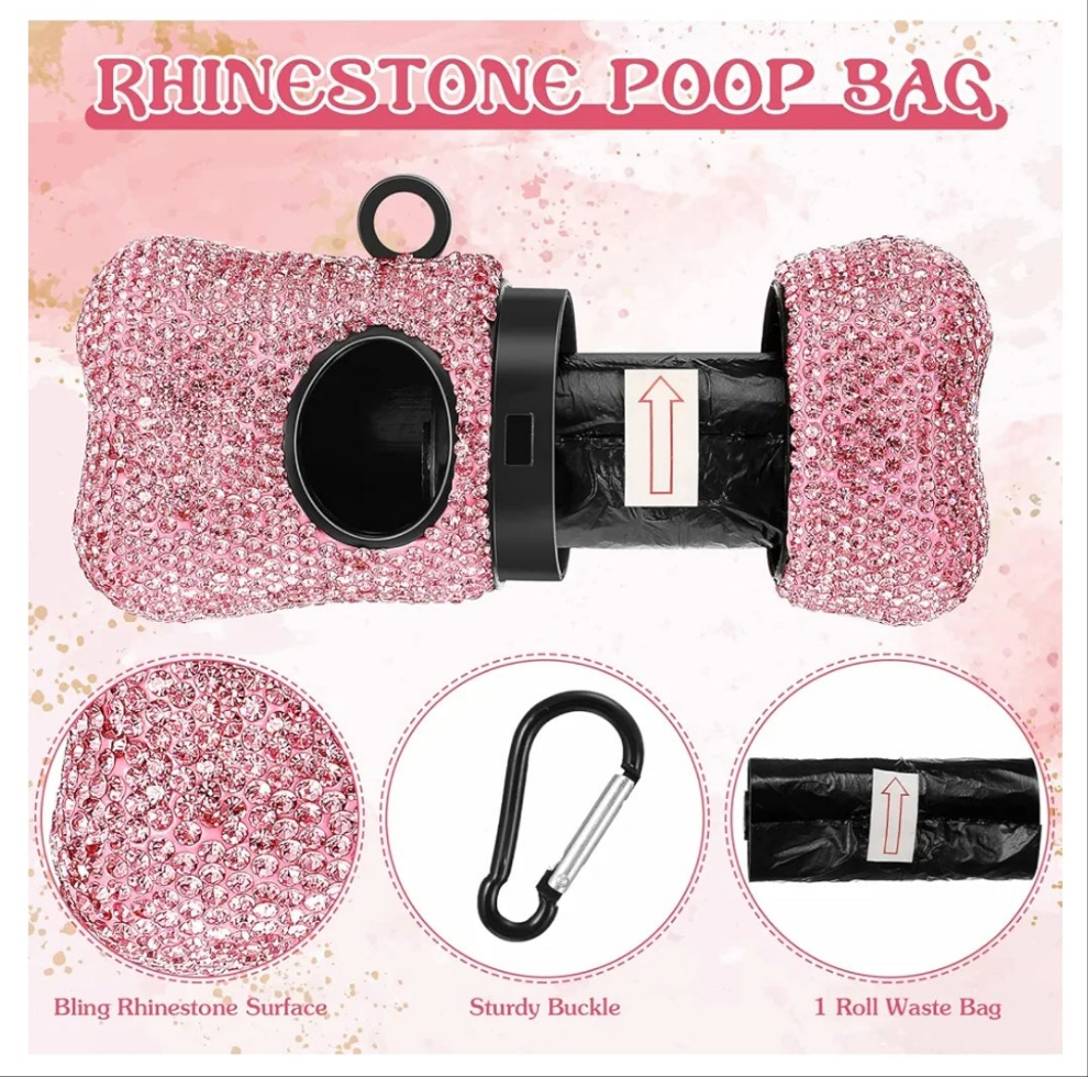2 Pack Rhinestone Retractable Dog Leash and Bag Holder Set Pink Bling Bone Shaped Pet Waste Bags Dispenser with Metal Clip Heavy Duty Dog Leash for Most Puppy