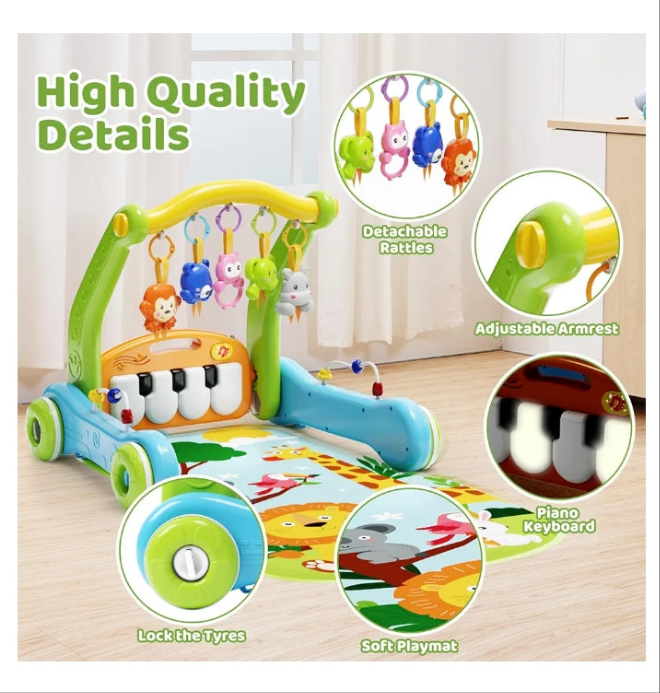 Baby Gym Play Mat with Walker, 2 IN 1 Kick and Play Piano Activity Center with Light & Music, Tummy Time Mat & Baby Push Toys for 0-6 12-18 Months, Sit-to-Stand Learning Walker for Infant Toddler Gift