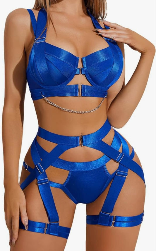 Lingerie Set for Women Sexy Strappy Lingerie Underwire Push Up Bra Garter Set Lingerie with Chain COCOMONEY