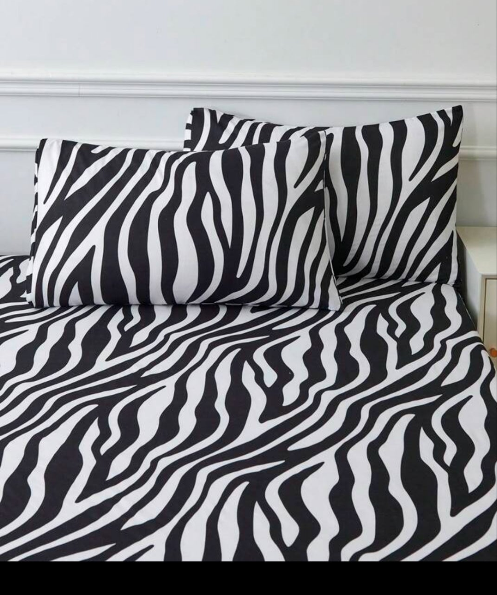 4pcs White Black Zebra Stripe Flower Pattern Sheet Set Easy Care Polyester Microfiber Soft Bedding Set