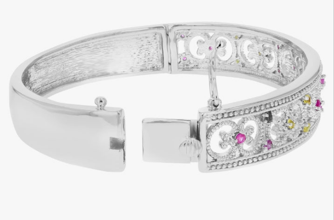 0.65 cttw Pink and Yellow Sapphire Bangle Bracelet Brass with Rhodium Filigree