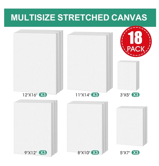 Stretched Canvas for Painting,18 Multi Pack Blank Canvases for Painting 12x16, 11x14, 9x12, 8x10, 5x7, 3x5, Cotton Primed Painting Canvas for Oil, Acrylic Paint, for Beginners, Artists.