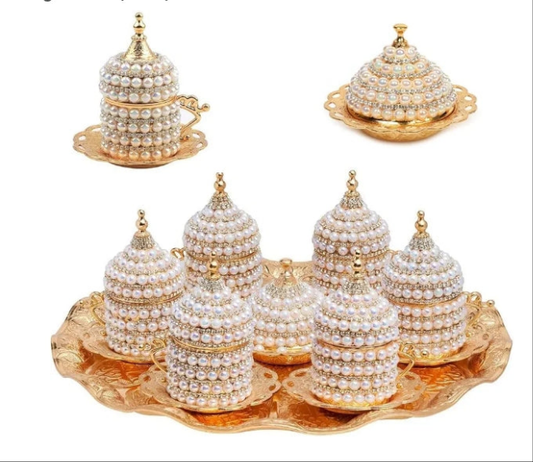 27 Pc Ottoman Turkish Greek Arabic Coffee Espresso Serving Set with Pearl Embellishments, Saucer and Sugar Dish (Silver)