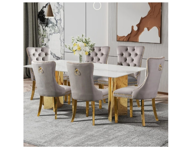 Dining Table Set for 6, White Imitation Marble Glass Desktop with Golden-Plated Base, 71'' Kitchen Table and Upholstered Dining Chairs (1 Table with 6 Blue Velvet Dining Chairs)