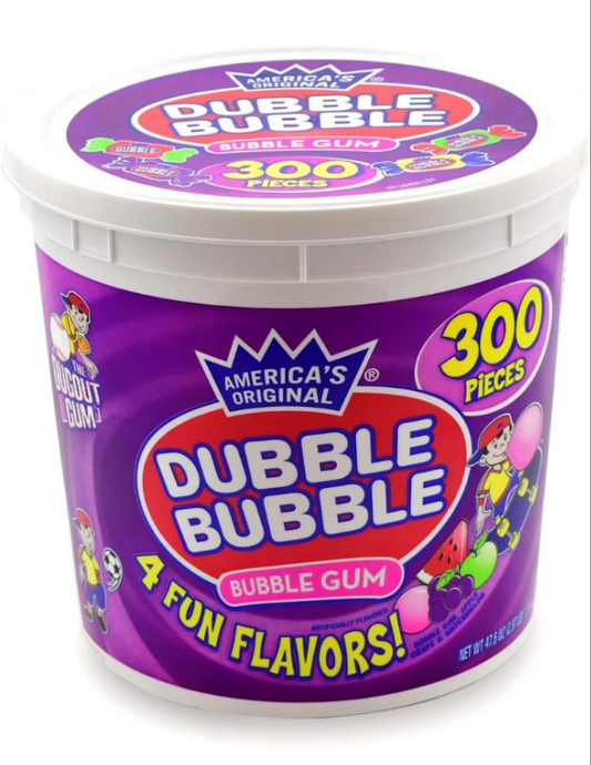 Bubble Gum - 300 Count Resealable Tub of Individually Wrapped Fruit and Bubble Gum - Original, Watermelon, Apple and Grape Flavors - Peanut and Gluten Free, 47.6 Ounce