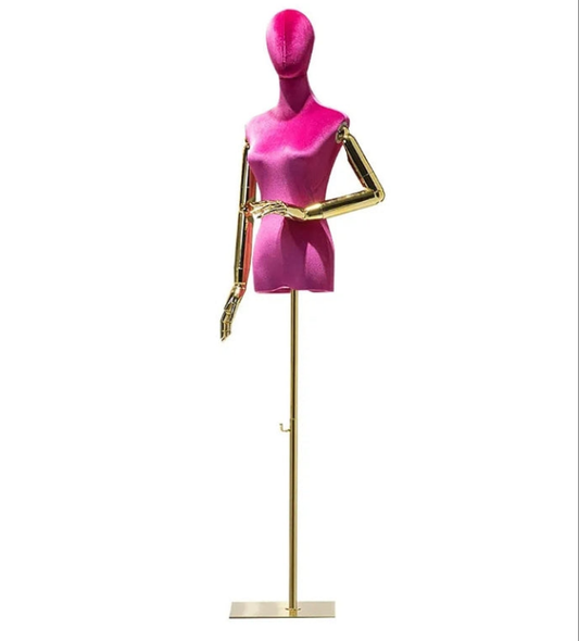 Rose Red Velvet Dress Form Mannequin, Woman Dark Shinning Velvet Half Body Torso with Golden Arms, 1 Color (Rose Red)