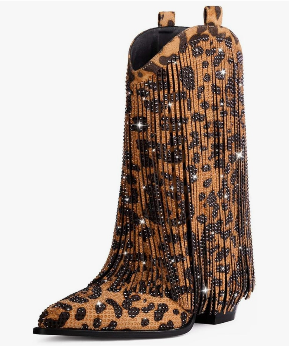 Cowgirl Boots Rhinestone with Sparkly Fringe Pointed Toe Western Boot Chunky Heel Pull-On Wide Calf