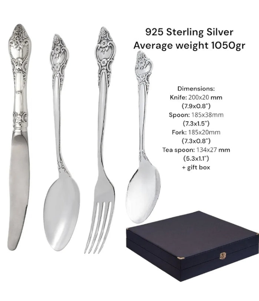 Sterling Silver Cutlery Set Rosette Design 24 pcs (Spoon, Fork, Knife, Tea Spoon) for 6 Persons in a Gift Box by Silver Melody - Wedding Silverware Gift - Silver Hostess Gift Rose Style