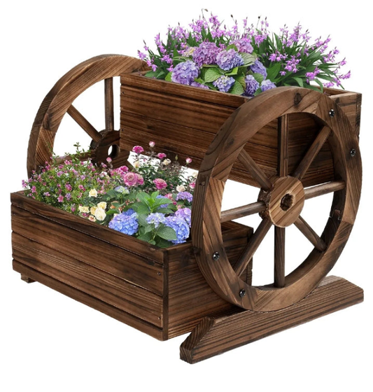 Wooden Wagon Planter Box, Garden Planter with Wheels,Decorative Planter for Flowers Herbs Vegetables for Indoor & Outdoor Décor, Flower Cart for Patio Garden Balcony
