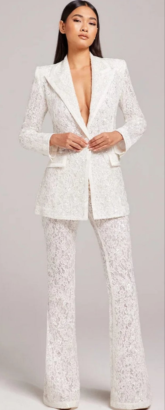 Lace Embroidered Hollow Out Sequin Two Piece Pant Set-White COCOMONEY