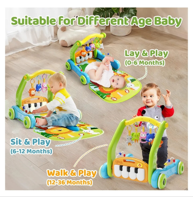 Baby Gym Play Mat with Walker, 2 IN 1 Kick and Play Piano Activity Center with Light & Music, Tummy Time Mat & Baby Push Toys for 0-6 12-18 Months, Sit-to-Stand Learning Walker for Infant Toddler Gift