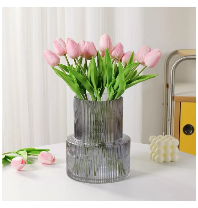 Large Glass Vase Ribbed Vase for Flowers, Flower Vase for Living Room, Modern Grey Fluted Vase for Centerpieces, Dinning Table, Entry Office Decoration