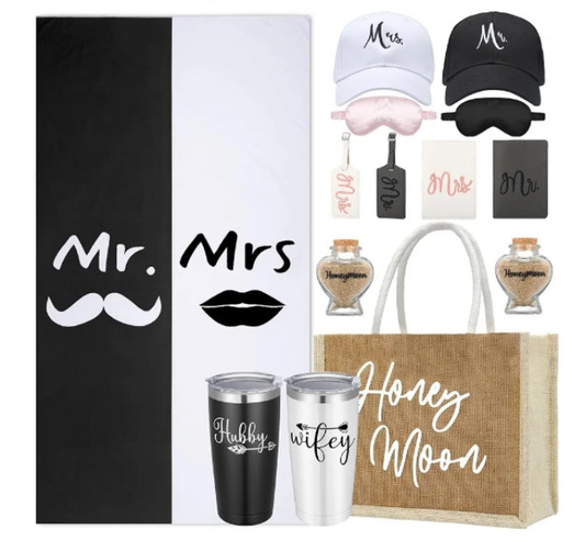 14 Pieces Wedding Gifts for Couple Mr and Mrs Honeymoon Gifts Bride and Groom Gifts Include Wedding Towels 20 oz Wine Tumbler Hat Passport Holder Baggage Tag Glass Bottle Honeymoon Tote Bag