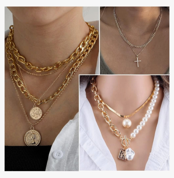 Gold Jewelry Sets for Women, Necklaces Bracelets Hoop Earrings Stackable Rings Jewelry Set，Fashion Outfit Accessories Costume Jewelry MultiPack Birthday Christmas Gifts for Women