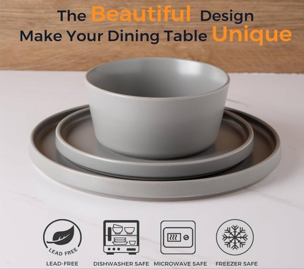 Ceramic Dinnerware Sets for 4, Modern Flat Stoneware Plates and Bowls Sets,Chip and Crack Resistant | Dishwasher & Microwave Safe Dishes Set,Scratch Resistant- Service for 4 (12pc)-Matte Pink