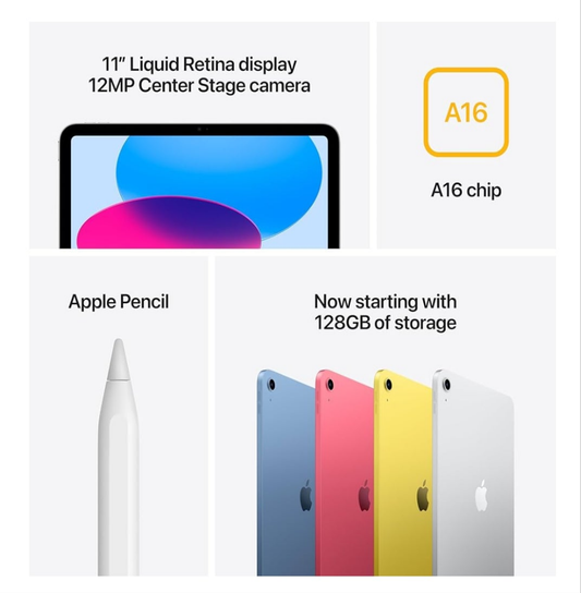 Apple iPad 11-inch: A16 chip, 11-inch Model, Liquid Retina Display, 128GB, Wi-Fi 6, 12MP Front/12MP Back Camera, Touch ID, All-Day Battery Life —