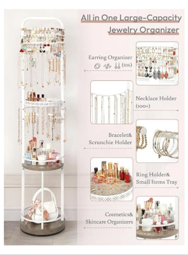 Jewelry Holder Organizer, Floor Jewelry Organizer with Earring Organizer Necklace Holder, Rotating Jewelry Stand Necklace Display Earring Storage, Large Hanging Jewelry Tree for Jewlery Bracelet Ring