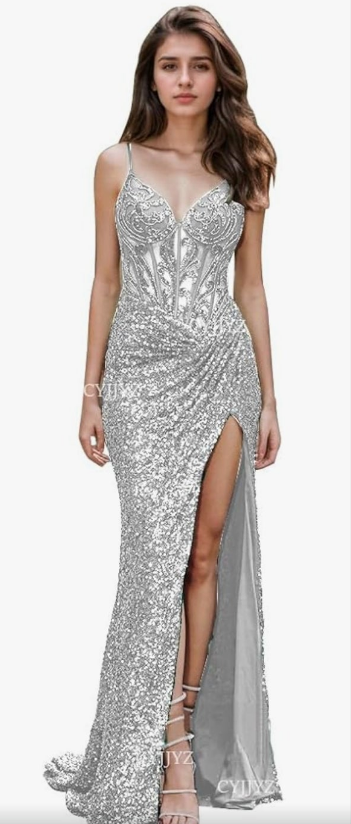 Spaghetti Strap Sequin Wedding Dress with Slit Sparkly Lace Appliques Mermaid Formal Evening Gown for Women