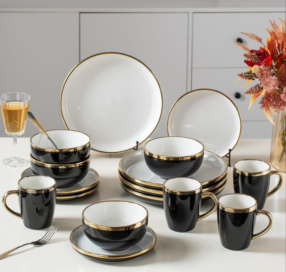 Ceramic Dinnerware Sets for 4, Modern Flat Stoneware Plates and Bowls Sets,Chip and Crack Resistant Dishwasher & Microwave Safe Dishes Set,Scratch Resistant- Service for 4