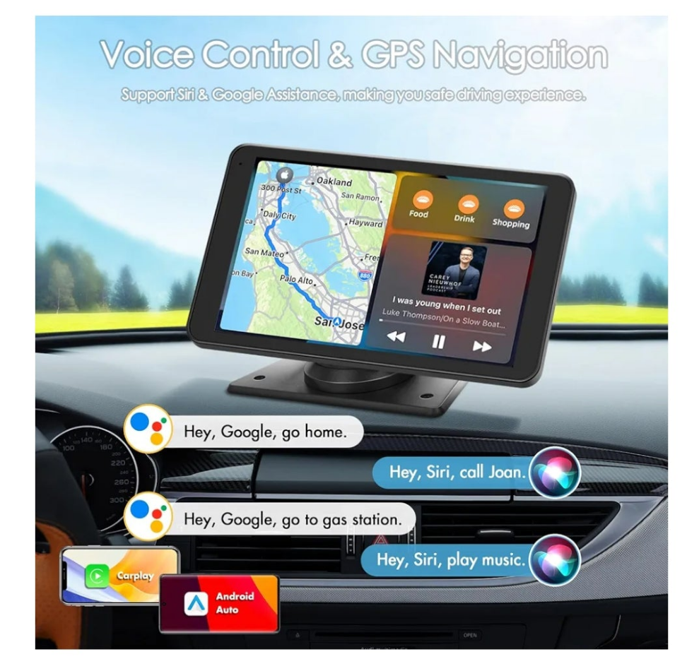 Portable Wireless Carplay Car Stereo, 7" HD Touchscreen for Car with Apple CarPlay & Android Auto with Backup Camera/Mirror Link/Voice Control/Bluetooth/GPS/AUX/FM Satellite Radio for All Vehicles
