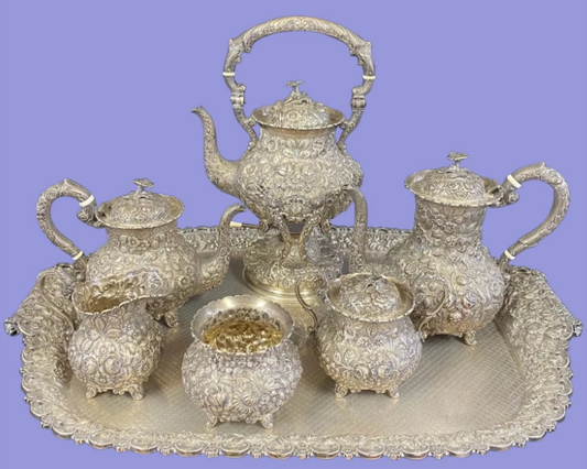 Sterling Silver Repousse Tea Service 7 Piece Set w/Tray A.G. Schultz