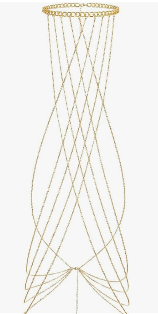 Harness Body Chain Sexy Layered Tassel Belly Waist Chain Necklace Boho Hot Bikini Nightclub Party Beach Body Jewelry for Women and Ladies Gold Tone