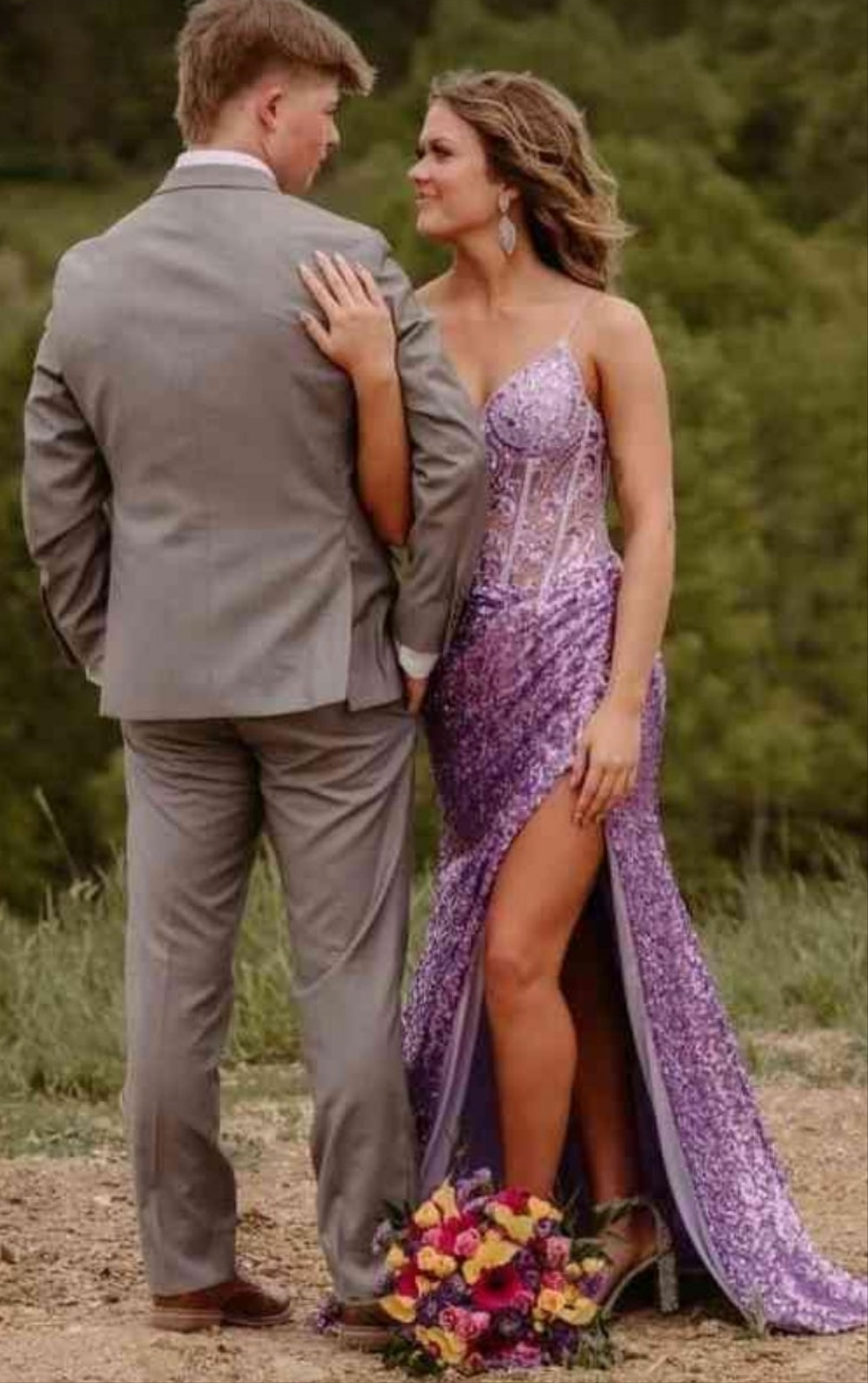 Spaghetti Strap Sequin Wedding Dress with Slit Sparkly Lace Appliques Mermaid Formal Evening Gown for Women