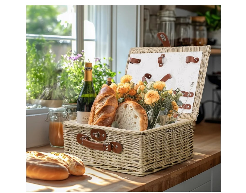 Picnic Basket for 2, Bridal Shower Gift Wedding Gifts with Mr Mrs Wine Glasses and Greeting Card, Engagement Newly Weeding Gifts for Couples 2025, Wicker Picnic Set Kit with Blanket Cooler for Beach