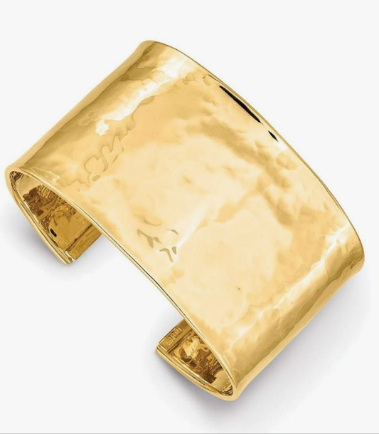 14K Yellow Gold 37mm Hammered Polished Cuff Bangle Bracelet